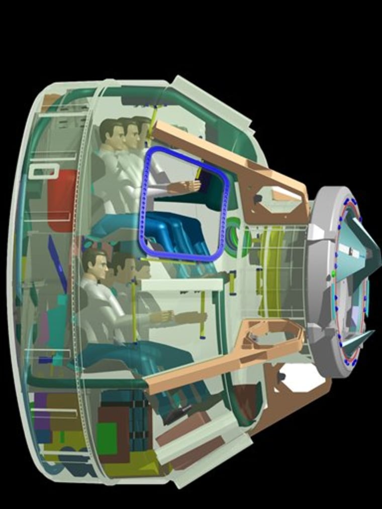 This artist's rendering made available by Boeing shows their proposed Crew Space Transportation CST-100 which can carry a crew of seven. With the space shuttle's retirement Thursday, July 21, 2011, no longer will flying people and cargo up to the International Space Station be a government program where costs balloon. NASA is turning to private industry with fixed prices, contracts and profit margins. The space agency will be the customer, not the boss. (AP Photo/Boeing)